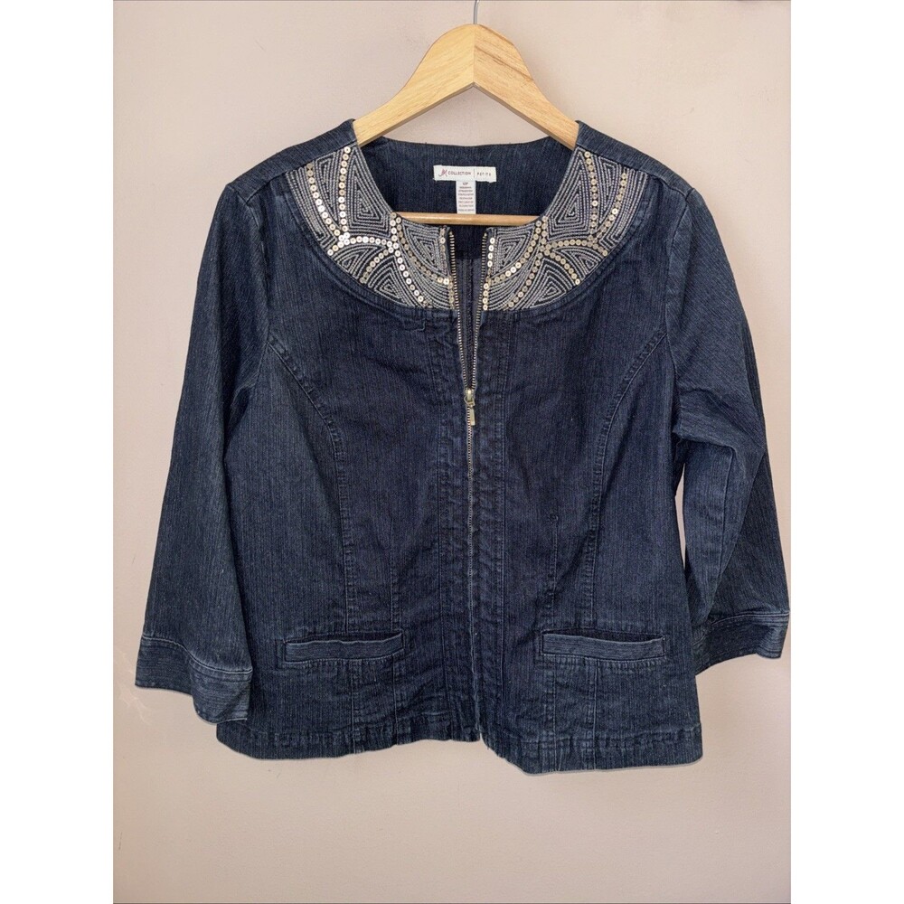 JM Collection Petite Denim Jacket 12P Sequin Embellished Zip Up